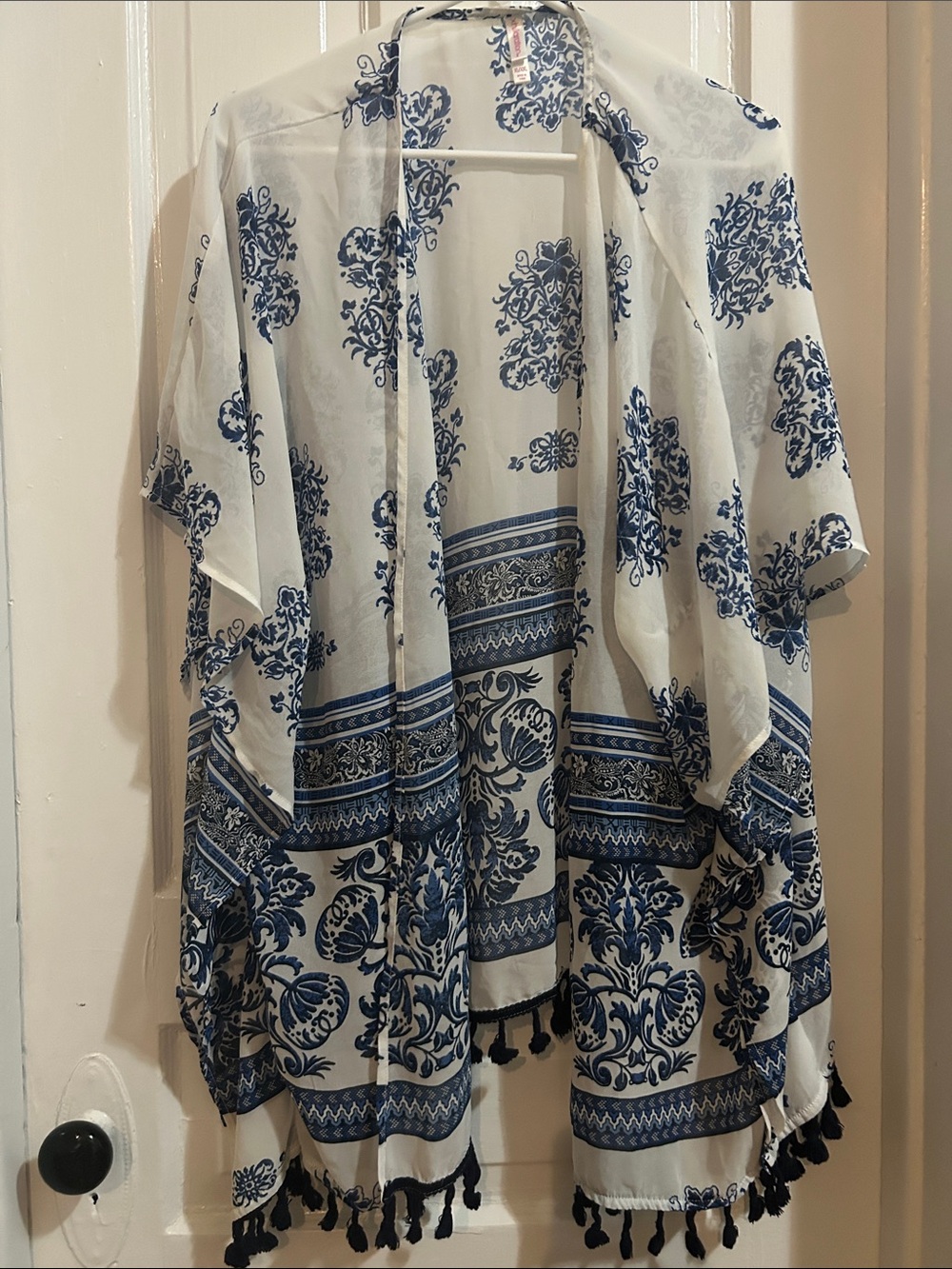 Blue and White Floral Fringe cover up